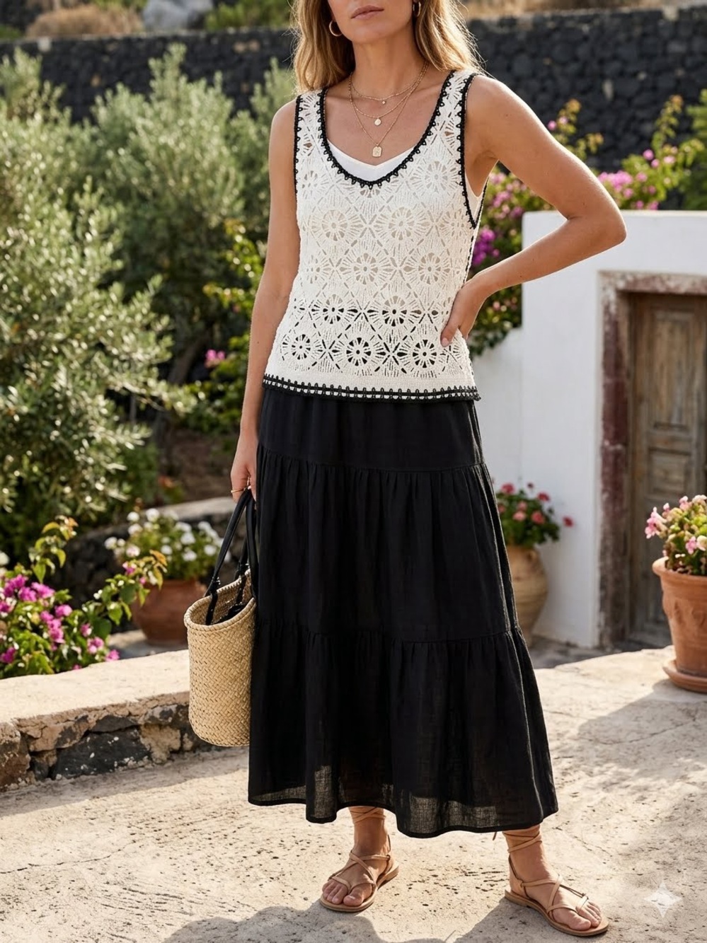 Charlie B Crochet Knit Sleeveless Top White Black Trim Size P/S NWT